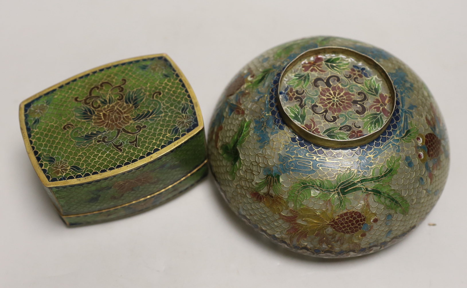A Chinese plique à jour enamel bowl, 7cm tall, and a similar box and cover